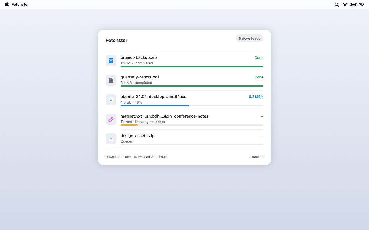 Fetchster menu bar with the download list